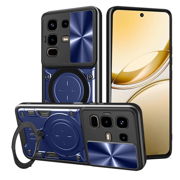 Blue CD-texture phone case with sliding camshield and magnetic circular holder