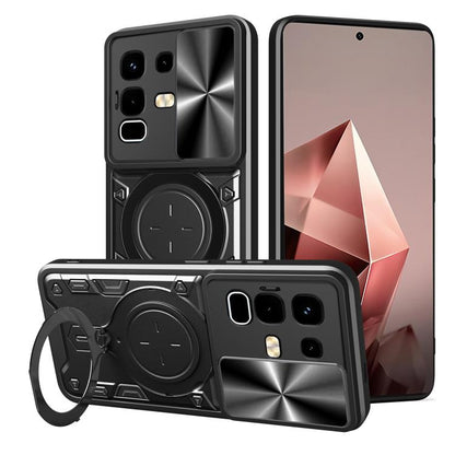 Gray CD-texture phone case with sliding camshield and magnetic circular holder