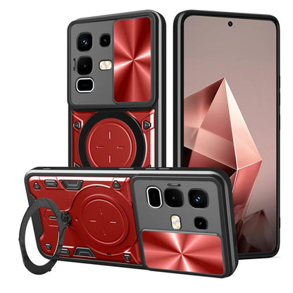 Red CD-texture phone case with sliding camshield and magnetic circular holder