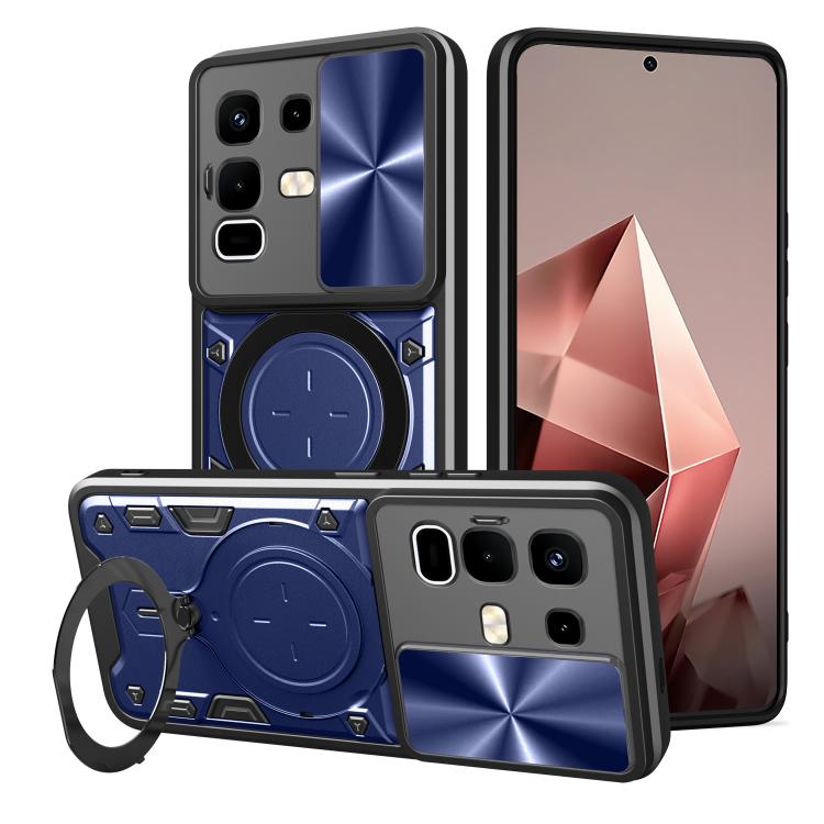 Blue CD-texture phone case with sliding camshield and magnetic holder stand
