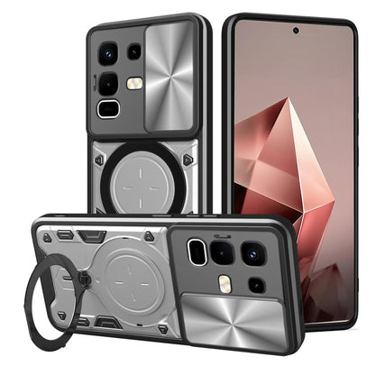 Silver-gray CD-texture phone case with sliding camshield and magnetic circular holder
