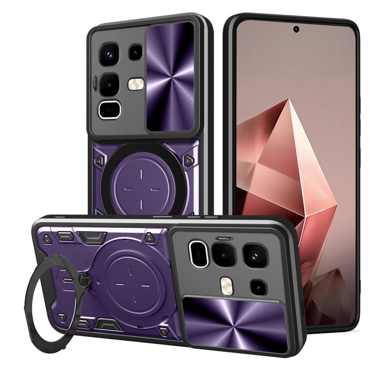 Purple CD-texture phone case with sliding camshield, magnetic circular holder, strap