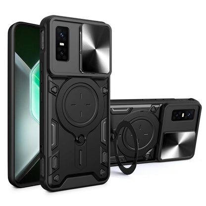 CD texture sliding camshield magnetic phone case, black with ring kickstand