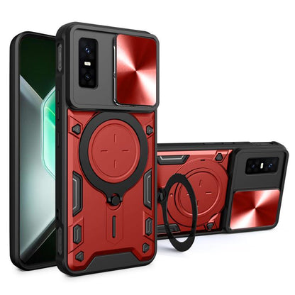 CD texture sliding camshield magnetic phone case, red with ring kickstand