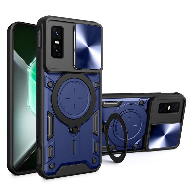 CD texture sliding camshield magnetic phone case, blue with ring kickstand