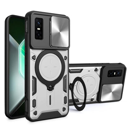 CD texture sliding camshield magnetic phone case, white with ring kickstand