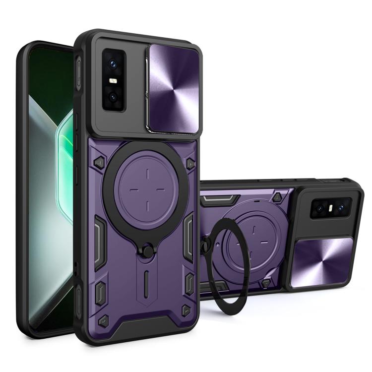 CD texture sliding camshield magnetic phone case, purple with ring kickstand