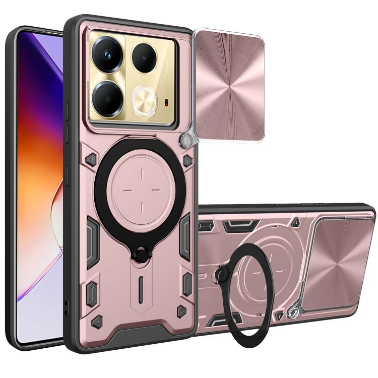 Pink rugged phone case with sliding camshield magnetic holder and camera cutouts