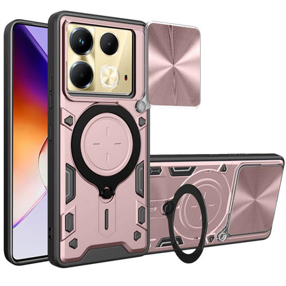 Pink rugged phone case with sliding camshield magnetic holder and camera cutouts