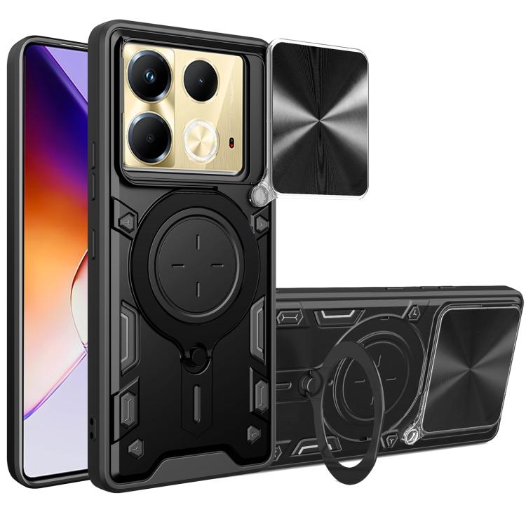 Black rugged phone case with sliding camshield magnetic holder and camera cutouts