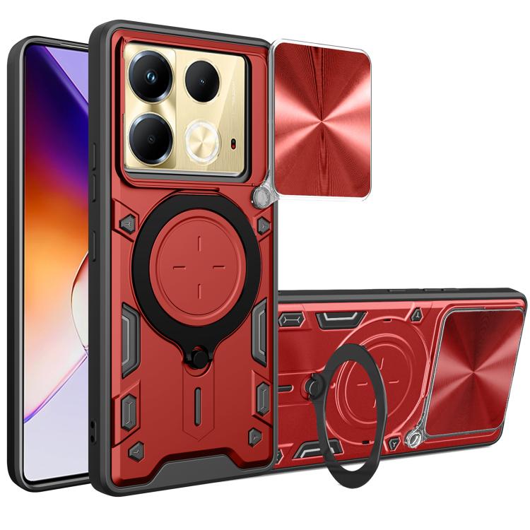 Red rugged phone case with sliding camshield magnetic holder and camera cutouts