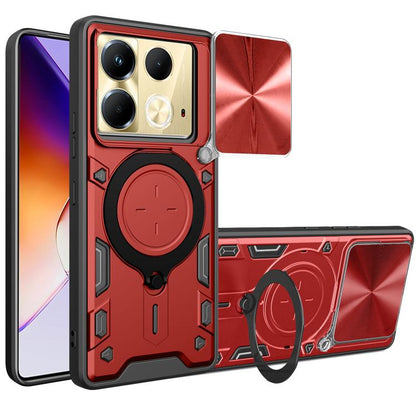 Red rugged phone case with sliding camshield magnetic holder and camera cutouts