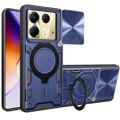 Blue rugged phone case with sliding camshield magnetic holder and camera cutouts