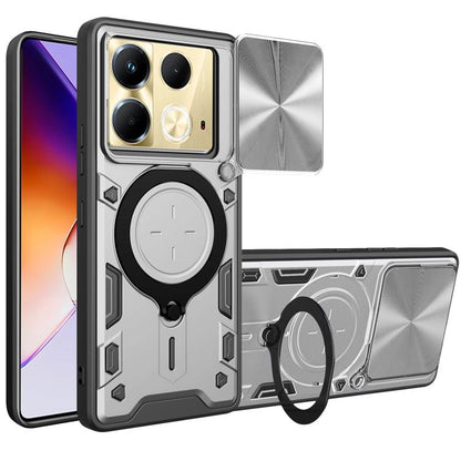 Silver rugged phone case with sliding camshield magnetic holder and camera cutouts