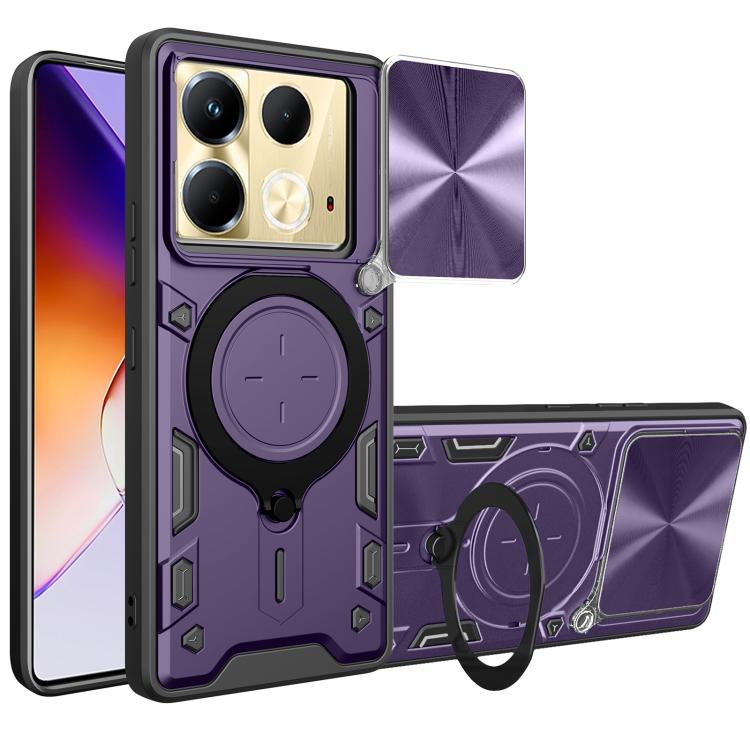 Purple rugged phone case with sliding camshield magnetic holder and camera cutouts