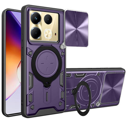 Purple rugged phone case with sliding camshield magnetic holder and camera cutouts