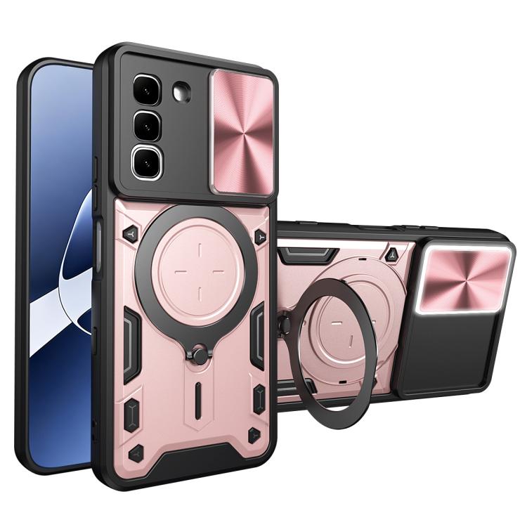 Magnetic sliding phone case with circular ring holder, pink and black rugged shell
