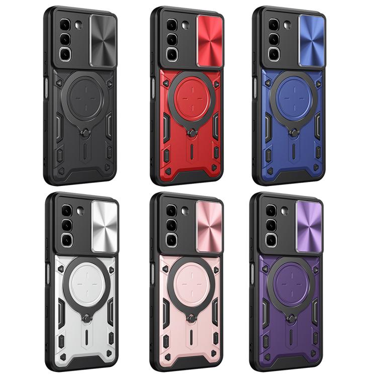 Magnetic sliding phone cases with circular ring holder in pink, blue, black, and purple