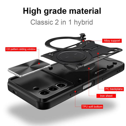 Rugged hybrid phone case with sliding window and circular ring holder, black