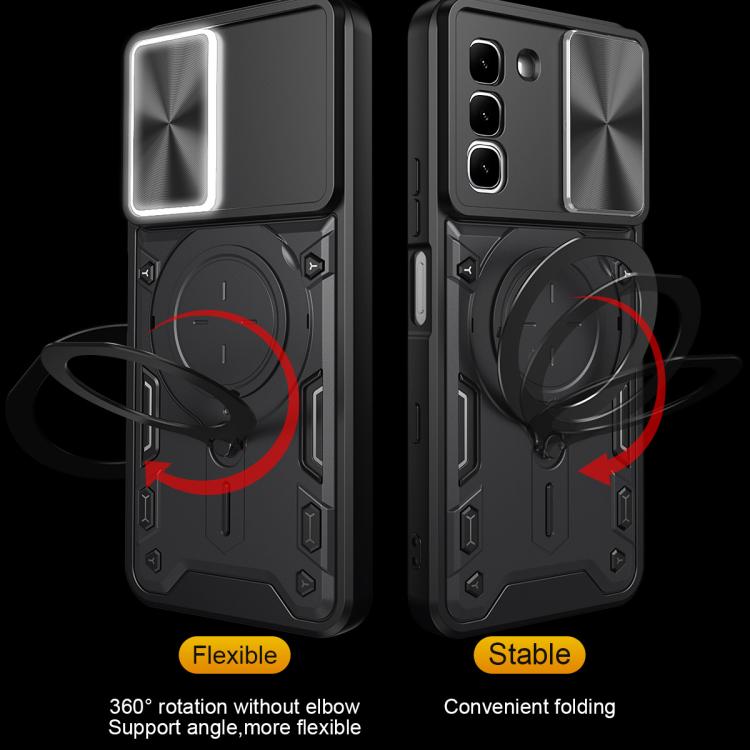 Magnetic sliding phone case with circular ring holder and folding kickstand design