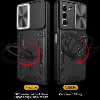 Magnetic sliding phone case with circular ring holder and folding kickstand design