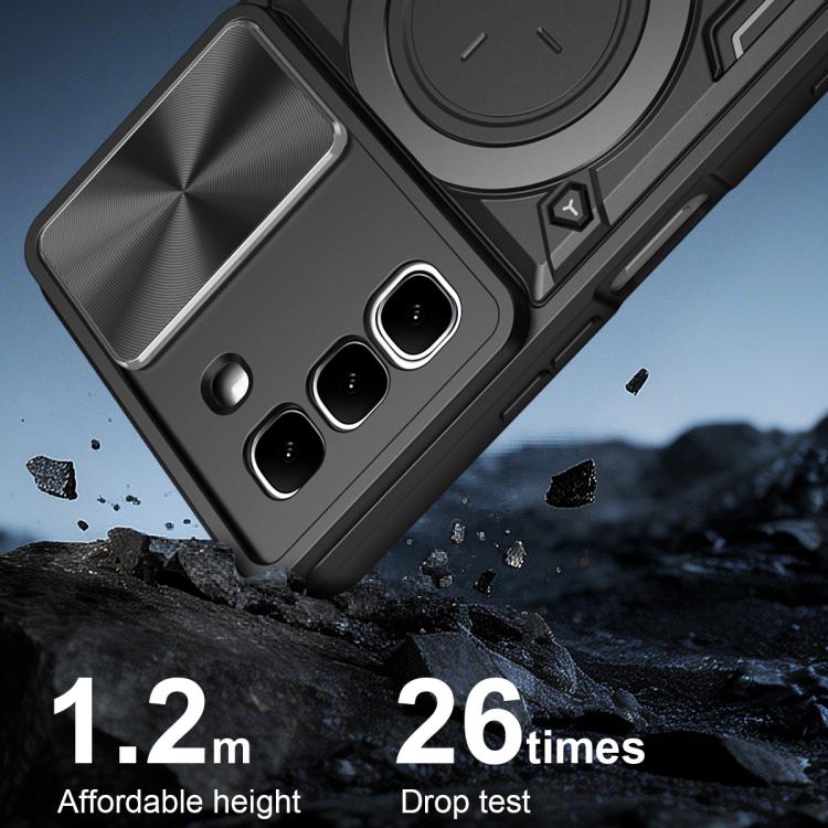Black rugged phone case with textured back panel and circular ring holder