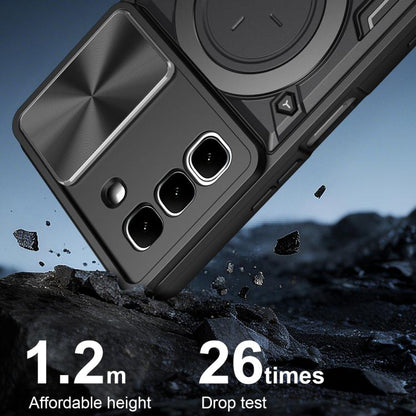 Black rugged phone case with textured back panel and circular ring holder