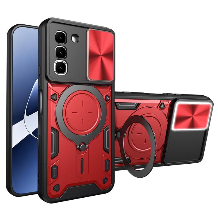 Magnetic sliding phone case with ring holder, red and black rear camshield