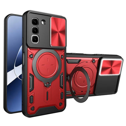 Magnetic sliding phone case with ring holder, red and black rear camshield