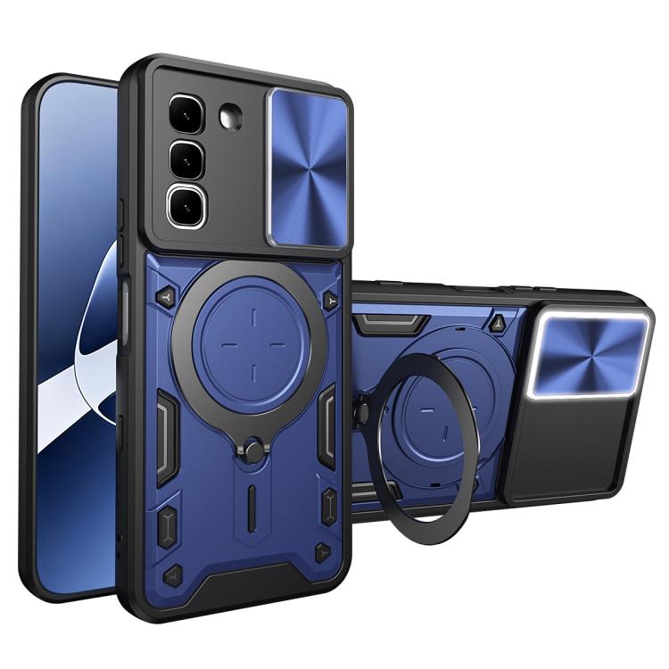 Blue phone case with magnetic ring holder and sliding camera shield, with cutouts