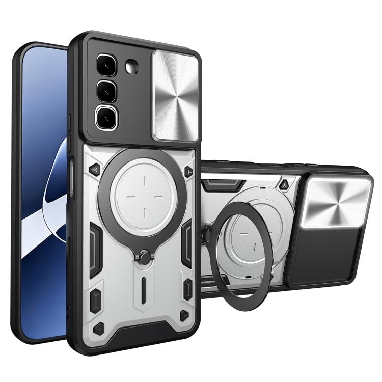 Silver phone case with magnetic ring holder and sliding camera shield, with cutouts