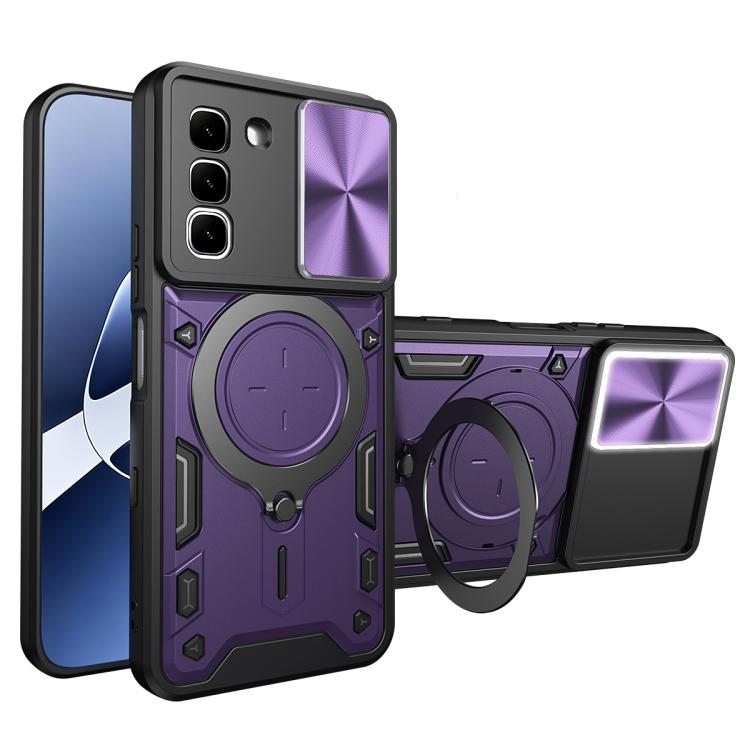Purple phone case with magnetic ring holder and sliding camera shield, with cutouts