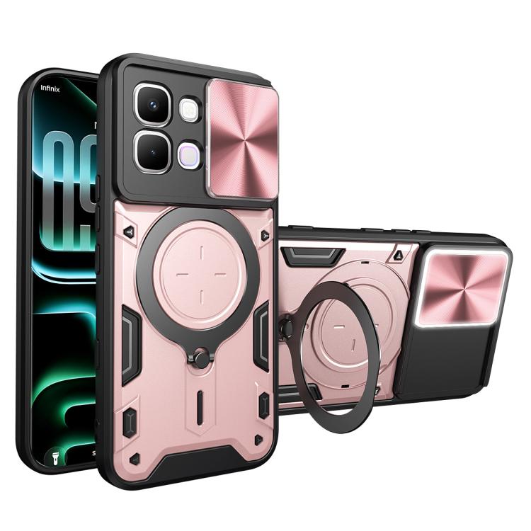 Phone case with sliding camera shield, magnetic ring holder, and CD texture; pink