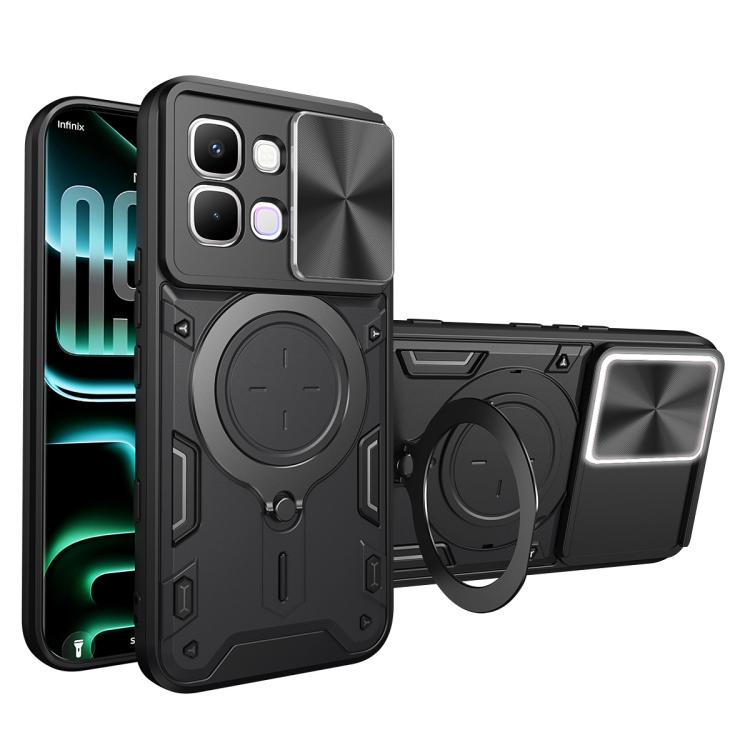 Phone case with sliding camera shield, magnetic ring holder, and CD texture; black