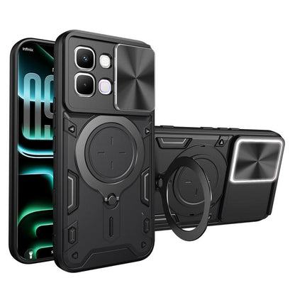 Phone case with sliding camera shield, magnetic ring holder, and CD texture; black