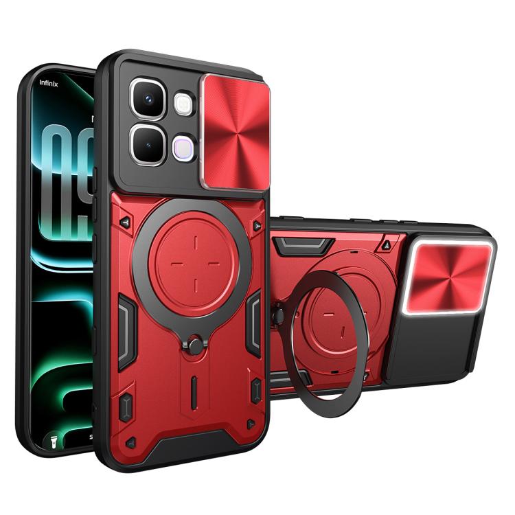 Phone case with sliding camera shield, magnetic ring holder, and CD texture; red
