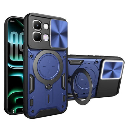 Phone case with sliding camera shield, magnetic ring holder, and CD texture; blue