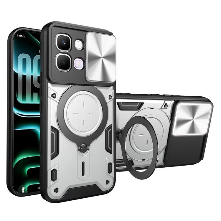 Phone case with sliding camera shield, magnetic ring holder, and CD texture; silver