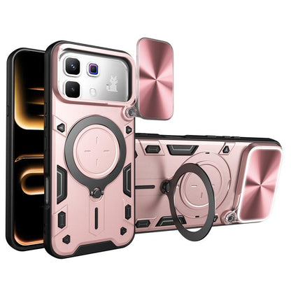 Pink phone case with magnetic ring holder and sliding camera shield, front and back