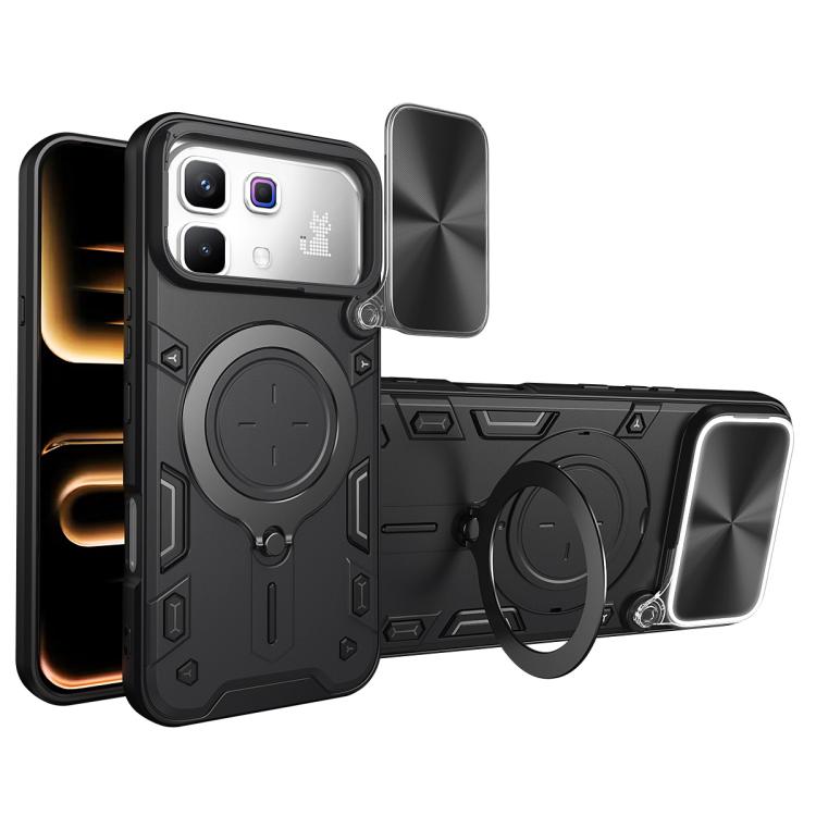 Phone case with sliding camera shield, magnetic ring holder, and CD texture; black