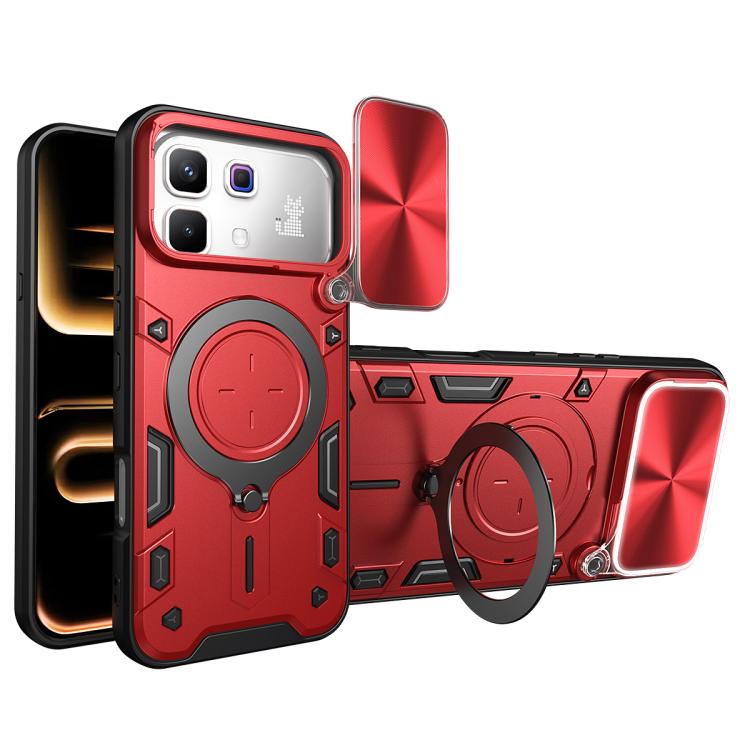 Phone case with sliding camera shield, magnetic ring holder, and CD texture; red