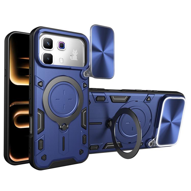 Phone case with sliding camera shield, magnetic ring holder, and CD texture; blue