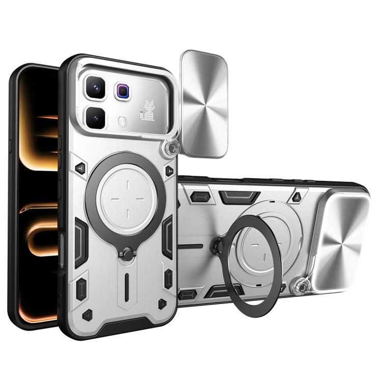Phone case with sliding camera shield, magnetic ring holder, and CD texture; silver