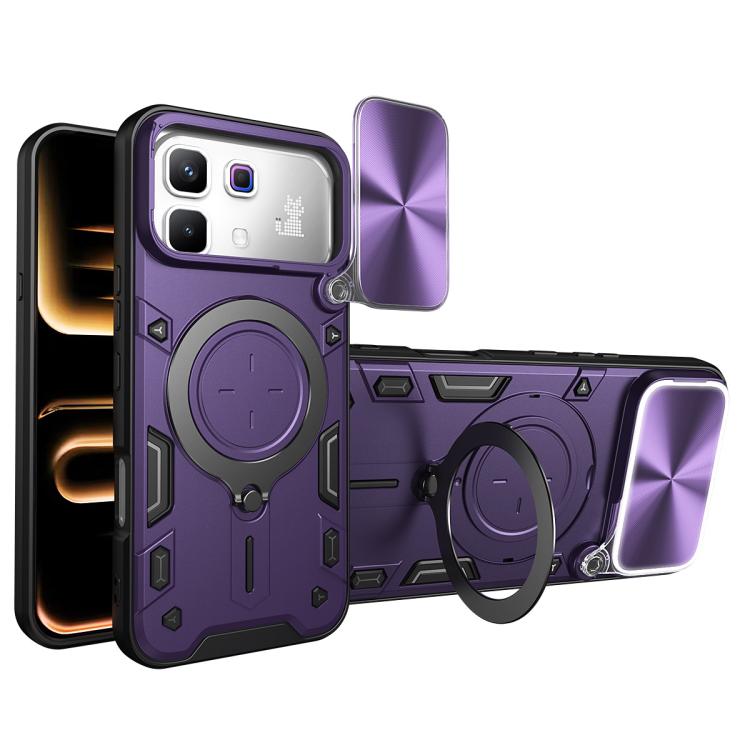 Phone case with sliding camera shield, magnetic ring holder, and CD texture; purple