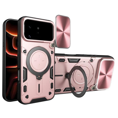 Pink phone case with magnetic ring holder and sliding camera shield, with cutouts