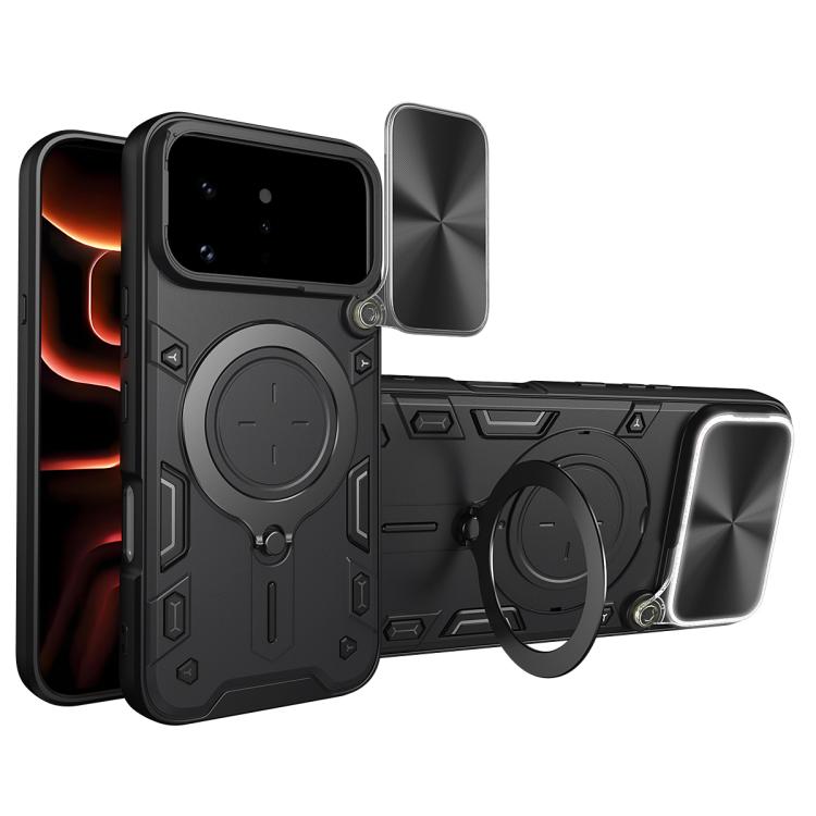 Black phone case with magnetic ring holder and sliding camera shield, with cutouts