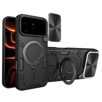 Black phone case with magnetic ring holder and sliding camera shield, with cutouts