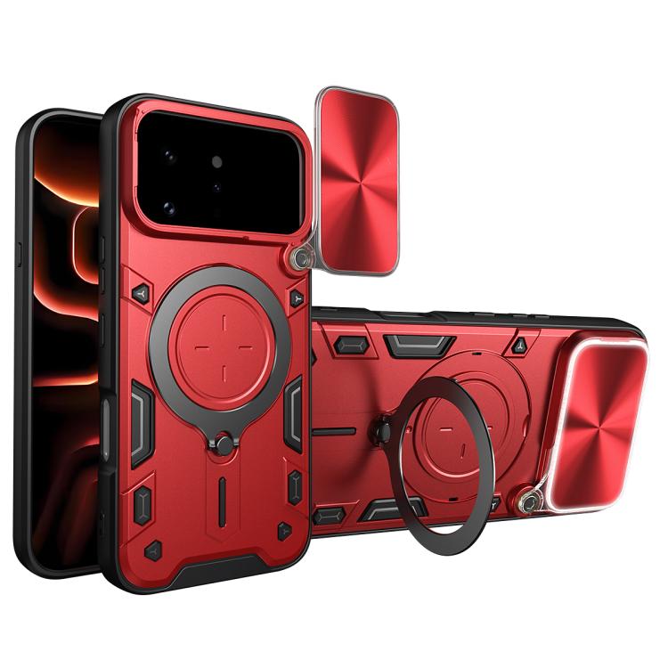 Red phone case with magnetic ring holder and sliding camera shield, with cutouts