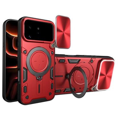 Red phone case with magnetic ring holder and sliding camera shield, with cutouts