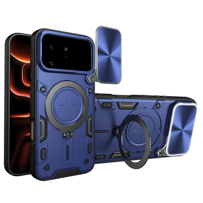 Blue phone case with magnetic ring holder and sliding camera shield, front and back
